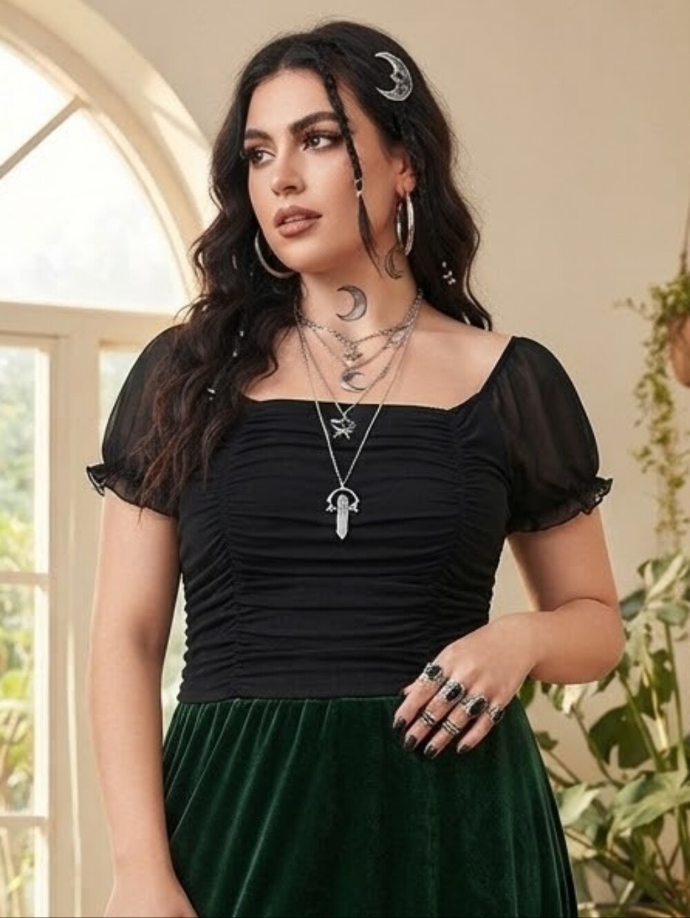 NWT - Almost Famous Womens XL Black Ruched Mesh Square Neck Ruffle Sleeve Top